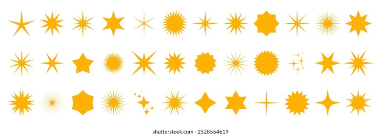 Conjunto de estrelas amarelas. Brilhando cintilante. Brilho. Coleção de formas de estrelas para modelo de design, cartaz, banner, folheto. Ilustração vetorial isolada no plano de fundo branco