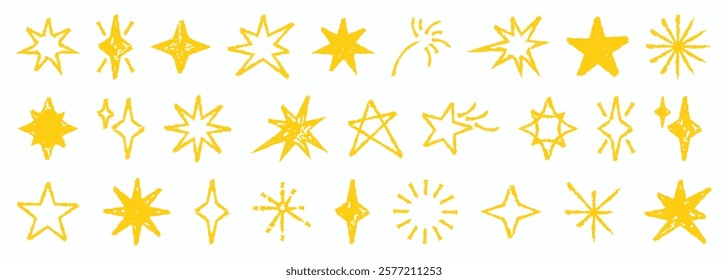 Set of yellow stars in wax crayons doodle style 