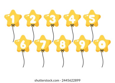 Set of yellow star-shaped numbered balloons illustration for baby and kids party decoration.