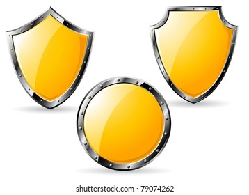 Set of yellow steel shields isolated on white background. Vector illustration.