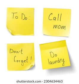 Set of yellow stick paper notes message on white background. Vector illustration. Can be use for your design, presentation, promo, adv. EPS10.