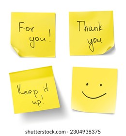 Set of yellow stick paper notes message on white background. Vector illustration. Can be use for your design, presentation, promo, adv. EPS10.