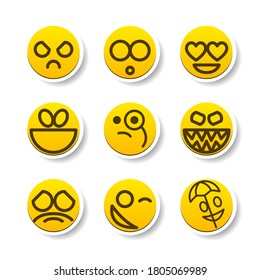 Set Of Yellow Sticker Collection Color Smile Different Emotions Emoticons Face Vector Design Cartoon Style With Shadows