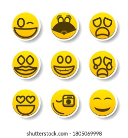 Set Of Yellow Sticker Collection Color Smile Different Emotions Emoticons Face Vector Design Cartoon Style With Shadows