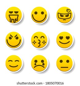 Set Of Yellow Sticker Collection Color Smile Different Emotions Emoticons Face Vector Design Cartoon Style With Shadows