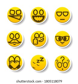 Set Of Yellow Sticker Collection Color Smile Different Emotions Emoticons Face Vector Design Cartoon Style With Shadows