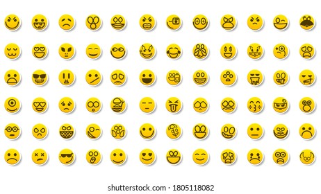 Set Of Yellow Sticker Collection Color Smile Different Emotions Emoticons Face Vector Design Cartoon Style With Shadows