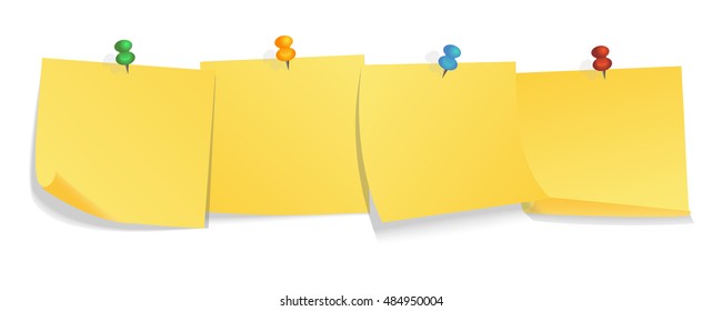 Set of yellow sticker pinned push button with curled corner isolated on white background for your message. Vector illustration