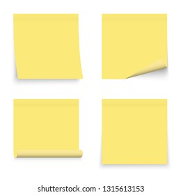 Set of yellow stickers papers. Note paper with curled corner. Vector isolated on white background.