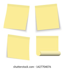 Set of yellow stickers papers. Note paper with curled corner. Vector isolated on white background.