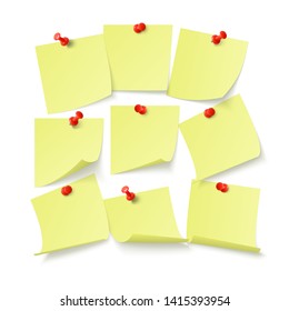 Set of yellow stickers with space for text or message stuck by clip to wall. Vector illustration isolated on white background