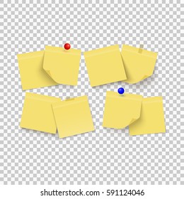 Set of yellow sticky notes with curled corner and red pin on transparent background. Paper. Vector.