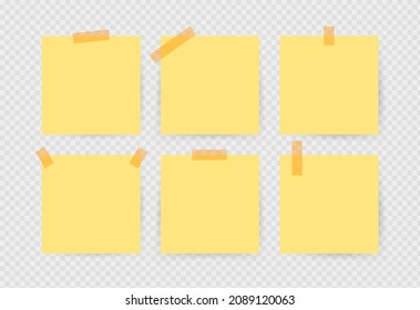 Set of yellow sticky notes isolated on transparent background. Vector illustration