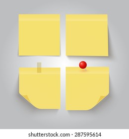 Set of yellow sticky notes on grey background. Vector illustration
