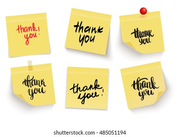 Set of yellow sticky notes. Post it notes. Note papers with handwritten phrase Thank you. Vector.
