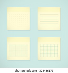Set: yellow sticky notes. Ruled, dotted, millimeter and squared papers