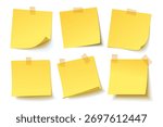 Set of yellow sticky notes with tape on white background. Collection of blank memo papers for reminders, messages, office organization, and creative design projects. Vector illustration