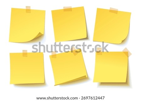 Set of yellow sticky notes with tape on white background. Collection of blank memo papers for reminders, messages, office organization, and creative design projects. Vector illustration