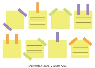 Set of yellow sticky notes. Sticky notes, tapes. Sticky notes reminders, stickers for office planning. Handwritten messages, office notes. Isolated vector illustration in flat style.