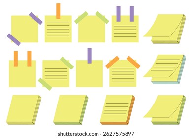Set of yellow sticky notes. Sticky notes, tapes. Sticky notes reminders, stickers for office planning. Handwritten messages, office notes. Isolated vector illustration in flat style.	