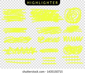 Set of yellow strokes line markers. Vector highlight brush lines. Hand drawing sketch underlined, stripes. Elements on an isolated transparent background.