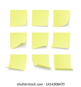 Set of yellow stuck stickers with space for text or message. Vector illustration isolated on white background