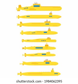 Set of yellow submarines in flat element style isolated on white background.