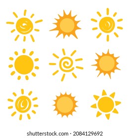 Set yellow sun hand drawn. Vector illustration