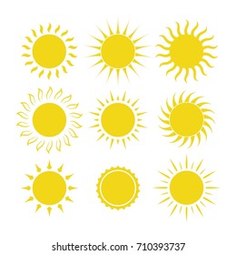 Set of yellow sun icon with straight, florid and twisted rays. Template design for web or mobile app. Vector illustration