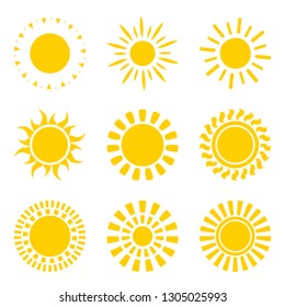 Set of yellow sun icon symbols isolated