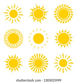 Set of yellow sun icon symbols isolated