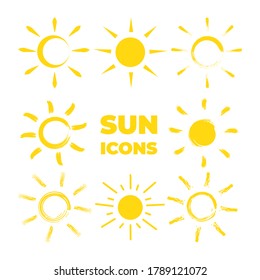 Set of yellow Sun icons collection. Vector illustration.