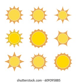 Set of yellow sun icons in flat design. Vector illustration. Sun icons collection, isolated on white background