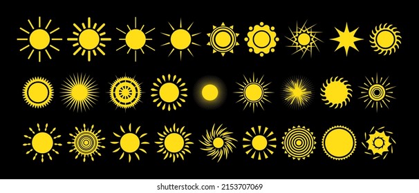 Set of yellow sun icons with various shapes. Summer, design elements, sunshine, daylight. Vector illustration
