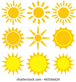 Set of yellow sun icons. Vector illustration. Isolated vectors.