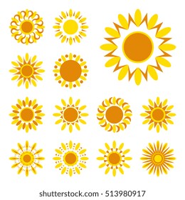 Set of yellow sun vector icon. Star pictograph collection isolated on white.