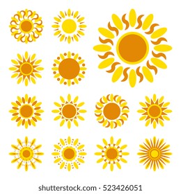 Set of yellow sun vector icon. Star pictograph collection isolated on white.