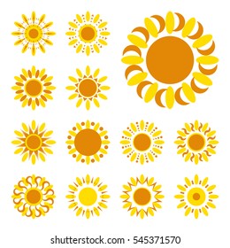 Set of yellow sun vector icon. Star pictograph collection isolated on white.