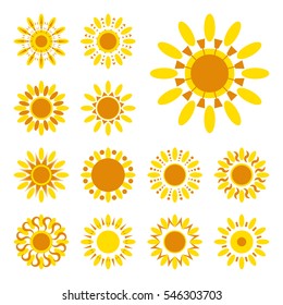 Set of yellow sun vector icon. Star pictograph collection isolated on white.
