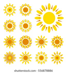 Set of yellow sun vector icon. Star pictograph collection isolated on white.