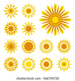 Set of yellow sun vector icon. Star pictograph collection isolated on white.