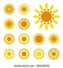 Set of yellow sun vector icon. Star pictograph collection isolated on white.