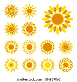 Set of yellow sun vector icon. Star pictograph collection isolated on white.