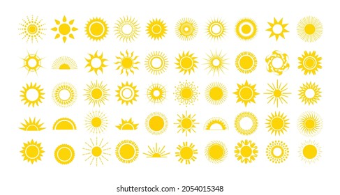 A set of yellow suns of different styles and shapes. Colored icons for creative design.