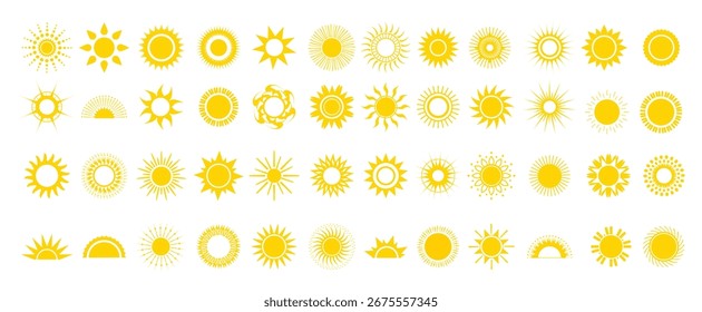 Um conjunto de sóis amarelos de diferentes estilos e formas. Ícones coloridos para design criativo.