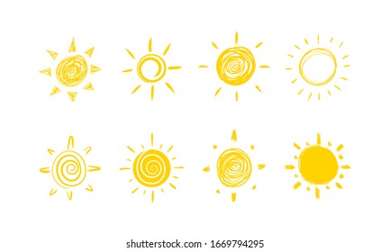 Set of yellow suns in Flat design isolated on a white background. Set of funny icons sun doodle. Modern simple flat sunlight sign. Vector illustration, EPS 10.