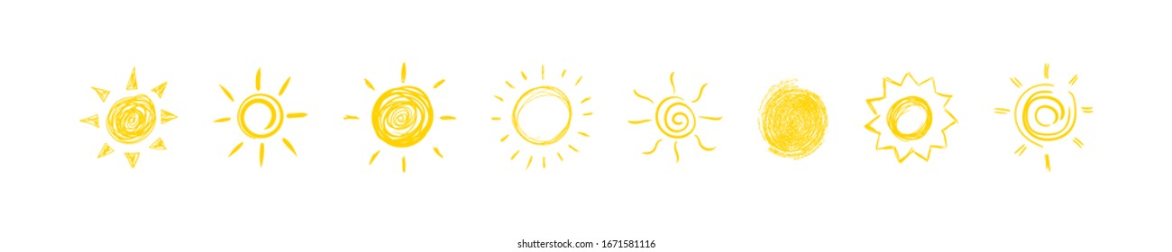 Set of yellow suns in Flat design isolated on a white background. Set of funny icons sun doodle. Modern simple flat sunlight sign. Vector illustration, EPS 10.