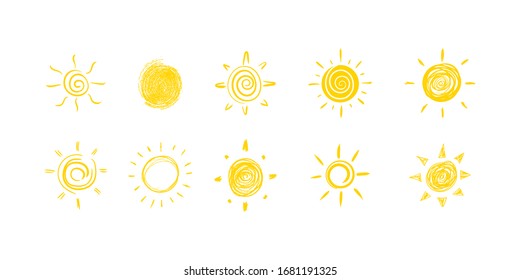 Set of yellow suns in Flat design isolated on a white background. Set of funny icons sun doodle. Modern simple flat sunlight sign. Vector illustration, EPS 10.