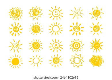 Set of yellow suns in Flat design isolated white background. funny icons sun doodle. Modern simple flat sunlight sign. . Vector illustration