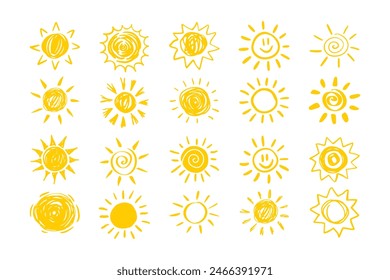 Set of yellow suns in Flat design isolated white background. funny icons sun doodle. Modern simple flat sunlight sign. . Vector illustration